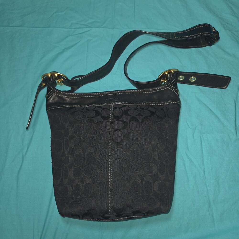 Coach Signature Black Canvas and Leather Trim Shoulder Bag